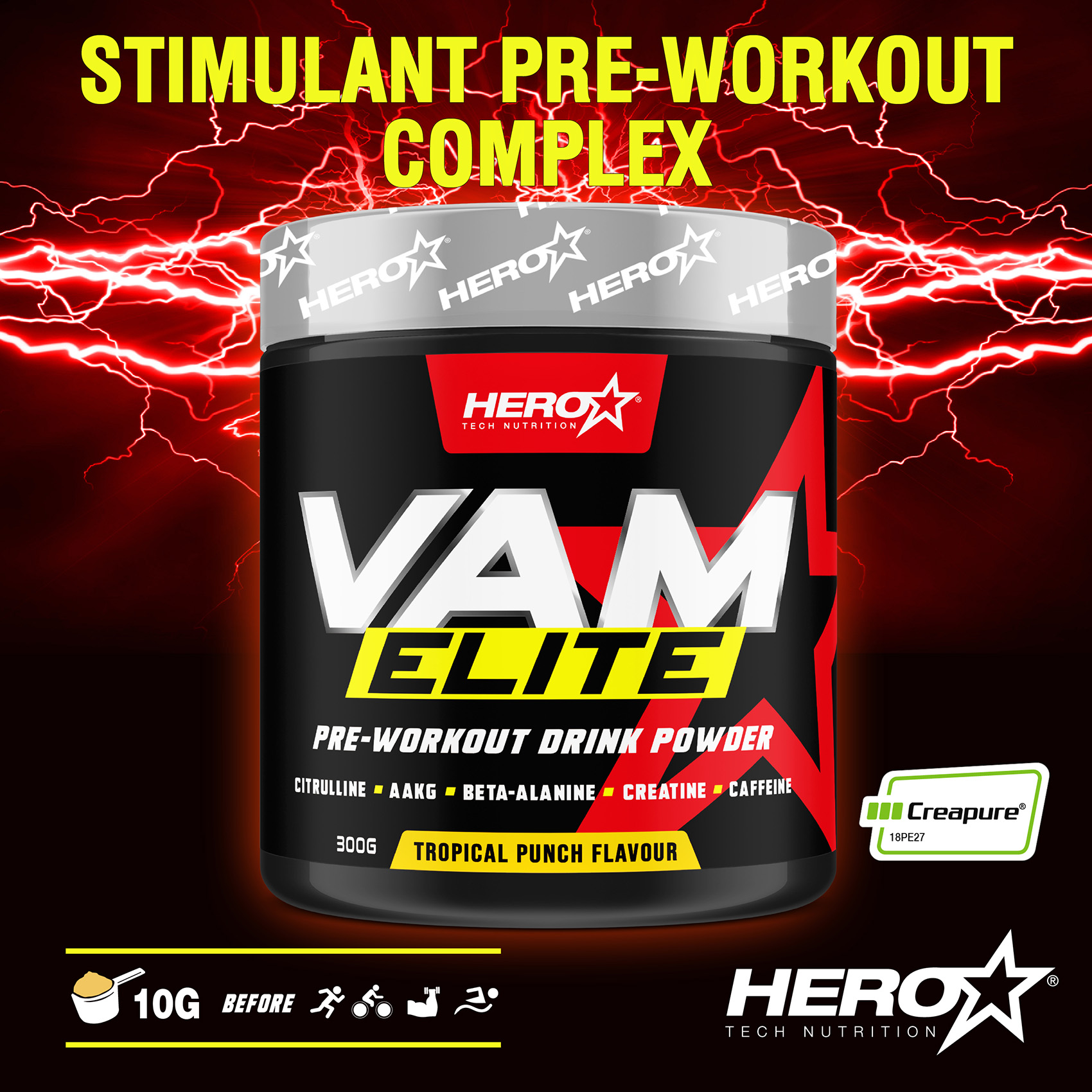 VAM ELITE STIMULATING PRE WORKOUT  HERO TECH NUTRITION herotechnutrition